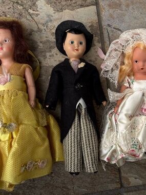 Three Vintage Nancy Ann Storybook Dolls Lot Groom Boy & Girls Tuxedo 1950s 6-8”